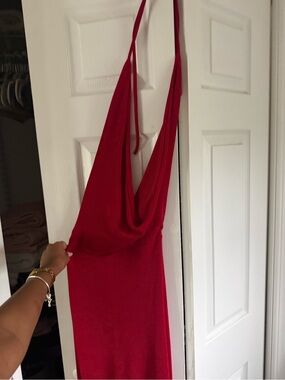Red Halter Cowl Neck Maxi Dress